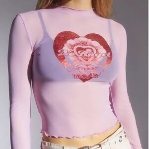 NWT Urban Outfitters Reagan Pink No Angel Glitter Sheer Mesh Tee Sz M